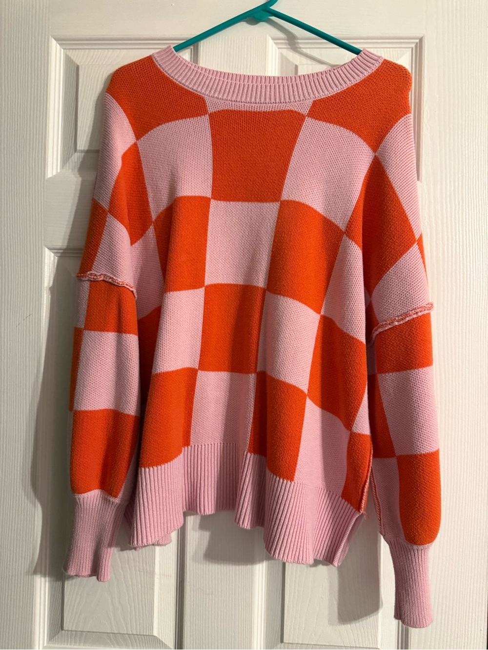 Women's Pink and Orange Checker Knit Sweater